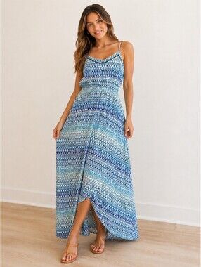 Sanctuary Blue Aqua Geometric Maxi Dress Sleeveless Tie Back Lined Size M